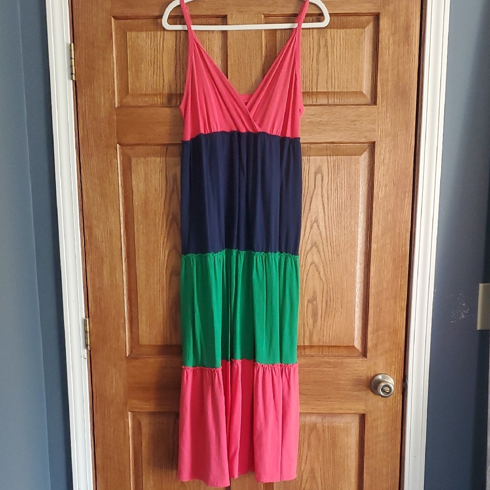 Colorblock Maxi Dress in Pink, Green, and Navy